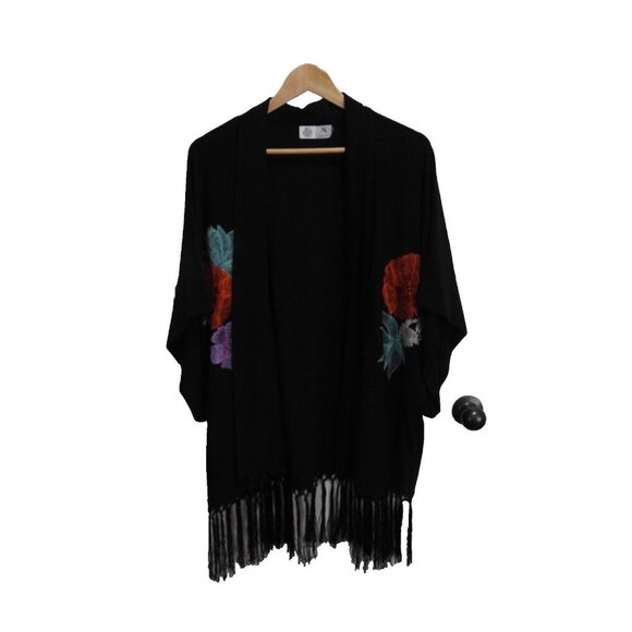 Disney Alice Wonderland Looking Glass Natori Black Floral Fringe Kimono L - Picture 7 of 15